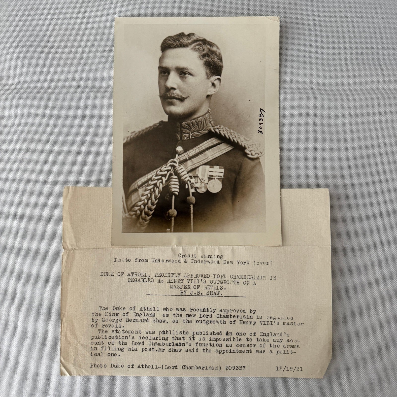 Duke of Atholl George Bernard Shaw 1921 Portrait Press Photo Photograph Vintage