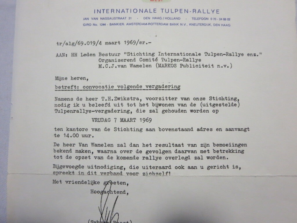1969 RAC Tulpen Rallye Rally Racing Letter Letterhead - Dutch Rallying 