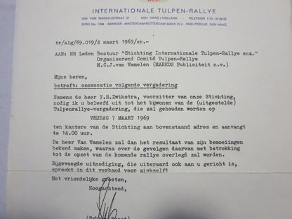 1969 RAC Tulpen Rallye Rally Racing Letter Letterhead - Dutch Rallying 