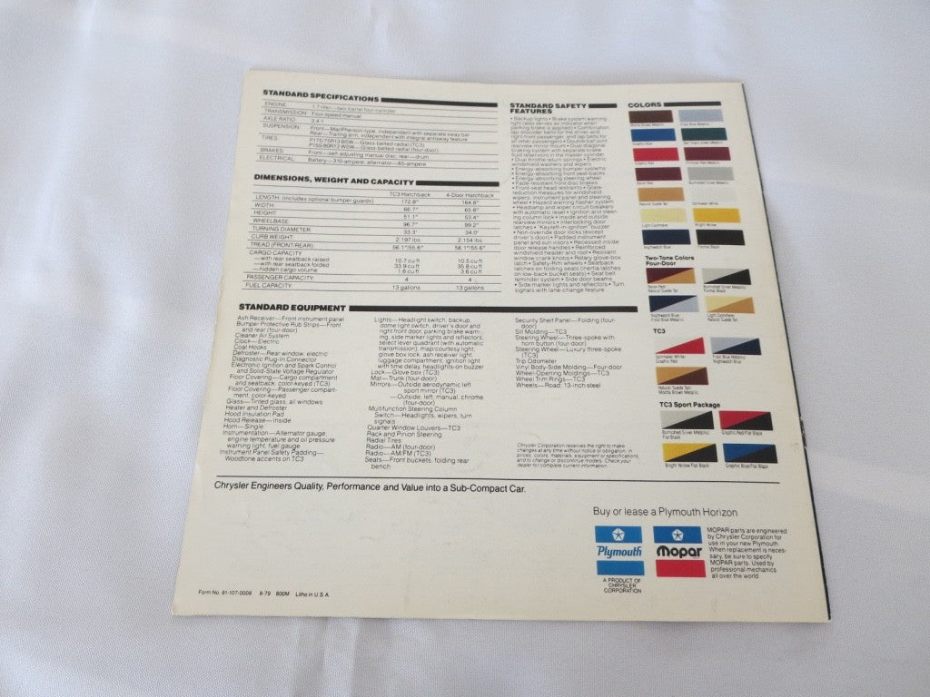 1980 Plymouth Horizon Sales Brochure Catalog TC3 