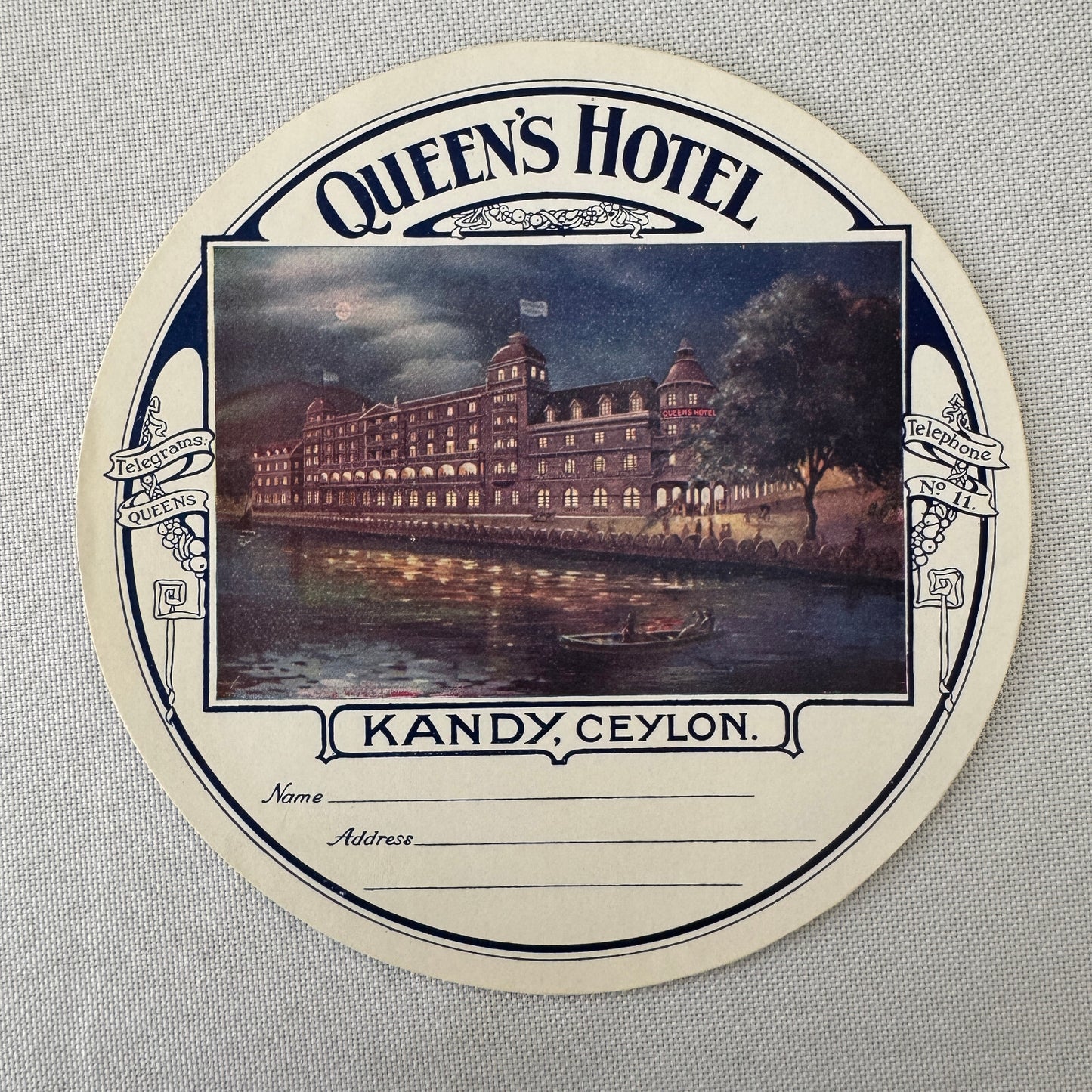 Vintage Hotel Travel Luggage Label Queen's Hotel Kandy Ceylon Sri Lanka