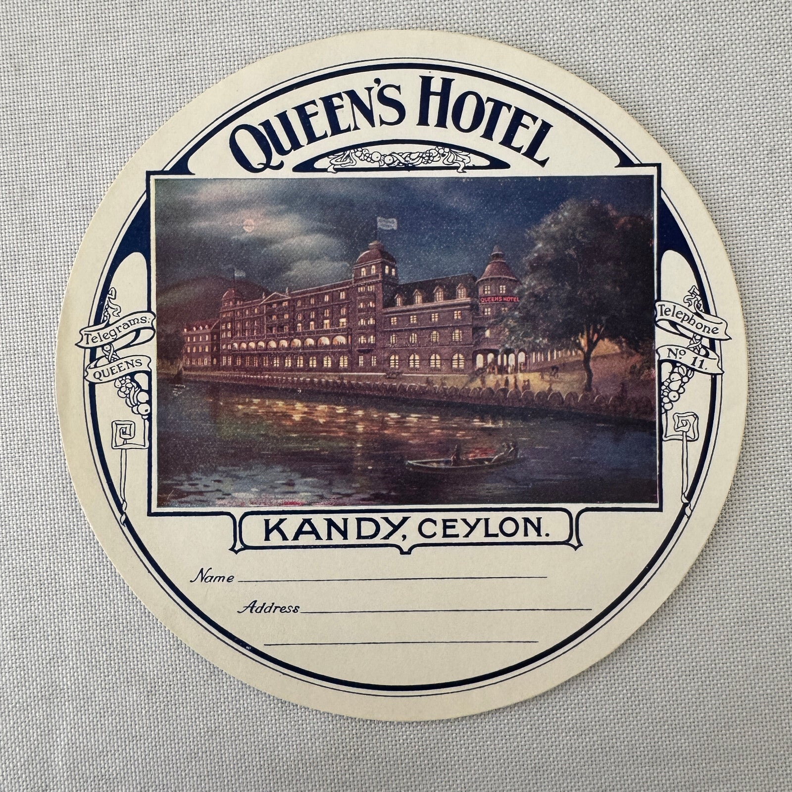 Vintage Hotel Travel Luggage Label Queen's Hotel Kandy Ceylon Sri Lanka