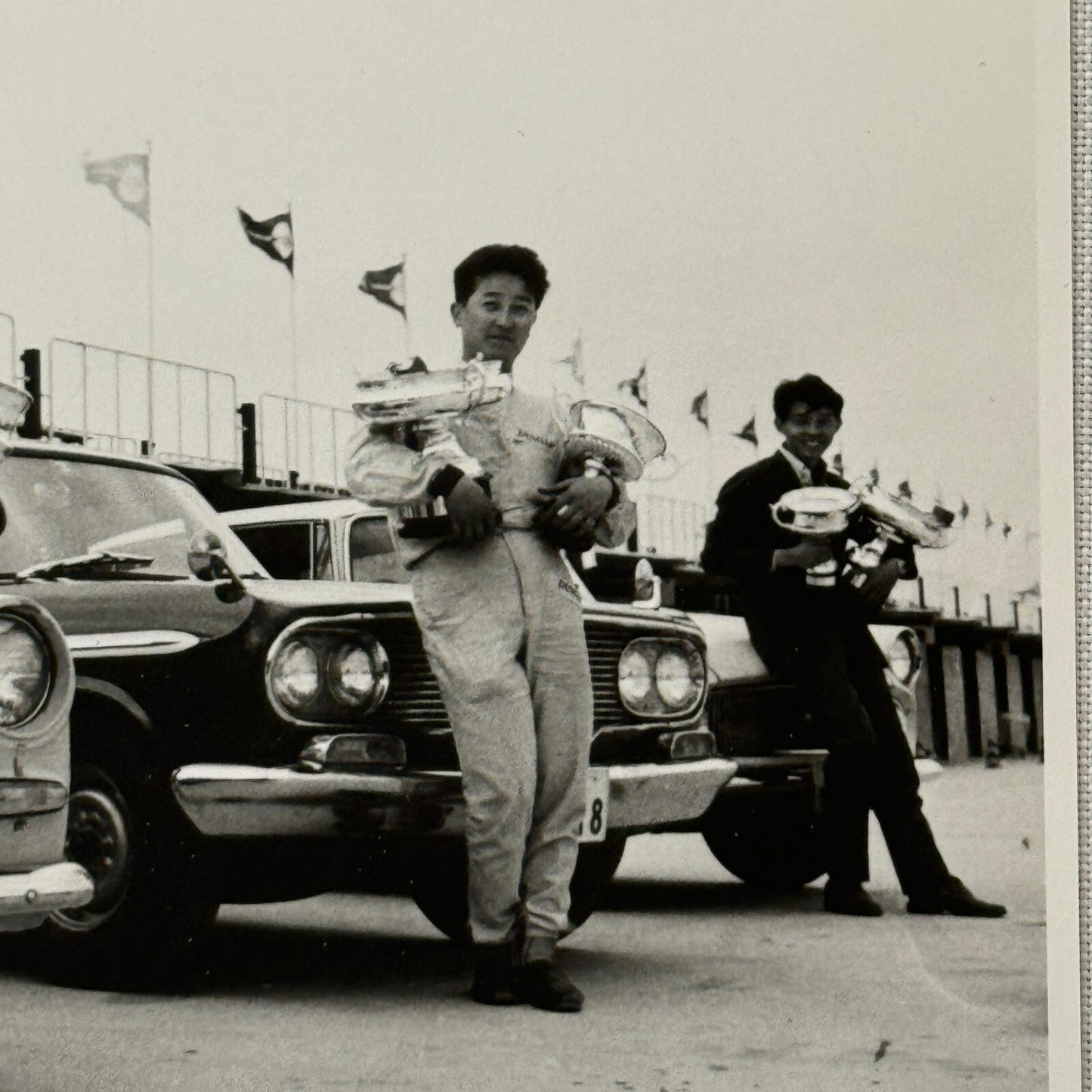Vintage Toyota Car Factory Photo Photograph Drivers with Trophies Rally Race
