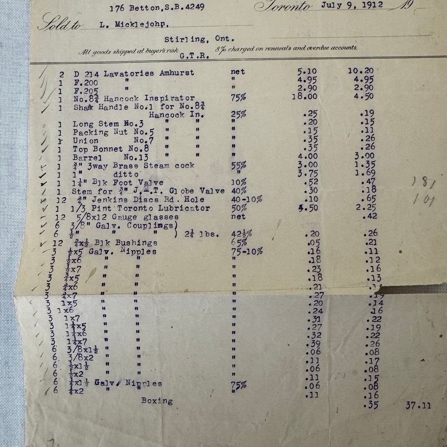 1912 Vintage Receipt Document  James Morrison Brass Manufacturing Company