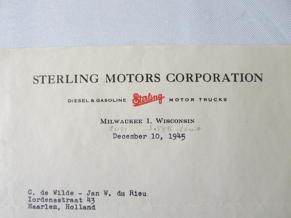 1945 Sterling Motor Truck Corporation Letter Letterhead Document 
