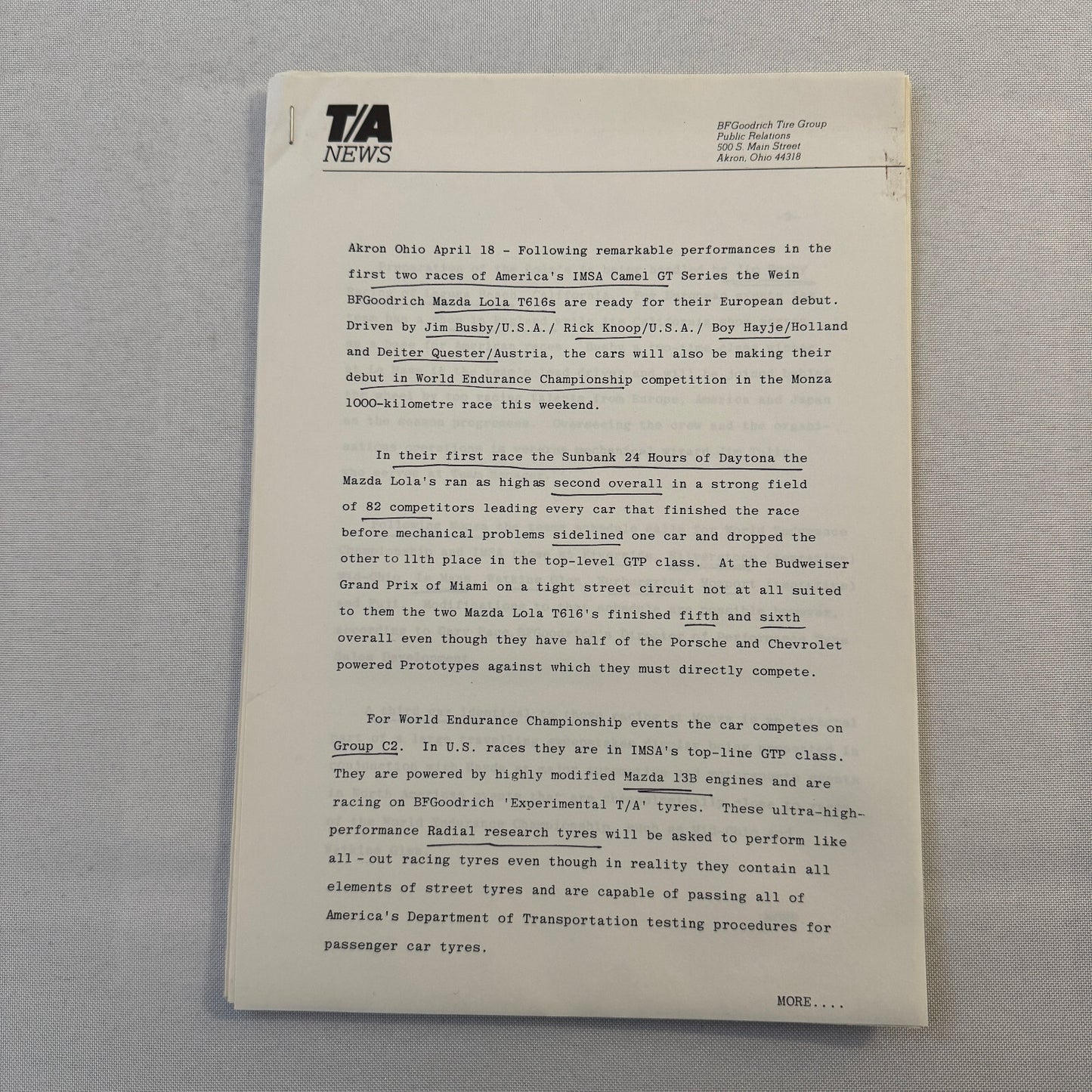 BF Goodrich Mazda Lola T616 Racing Press KIt Brochure Lola T-616 Jim Busby +