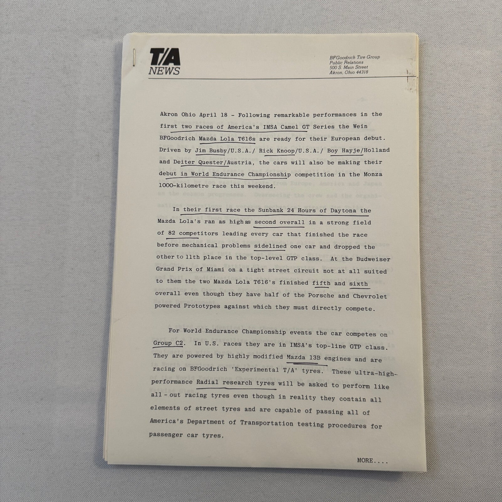 BF Goodrich Mazda Lola T616 Racing Press KIt Brochure Lola T-616 Jim Busby +