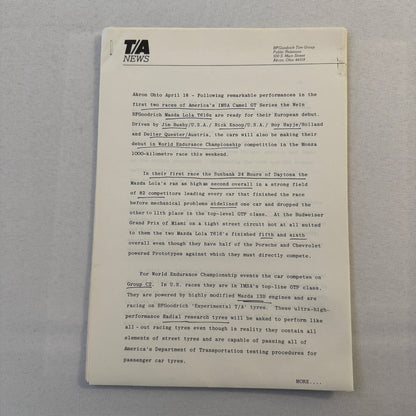 BF Goodrich Mazda Lola T616 Racing Press KIt Brochure Lola T-616 Jim Busby +