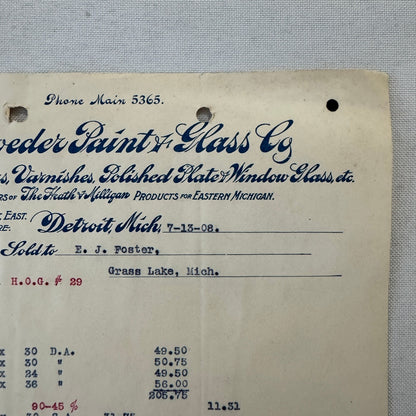 Schroeder Paint & Glass Company Detroit Michigan 1908 Receipt Document Lot 5x