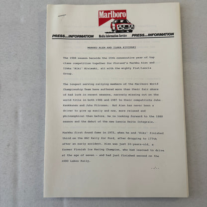 1988 Marlboro Rally Racing World Championship Press Kit Mazda Lancia Toyota