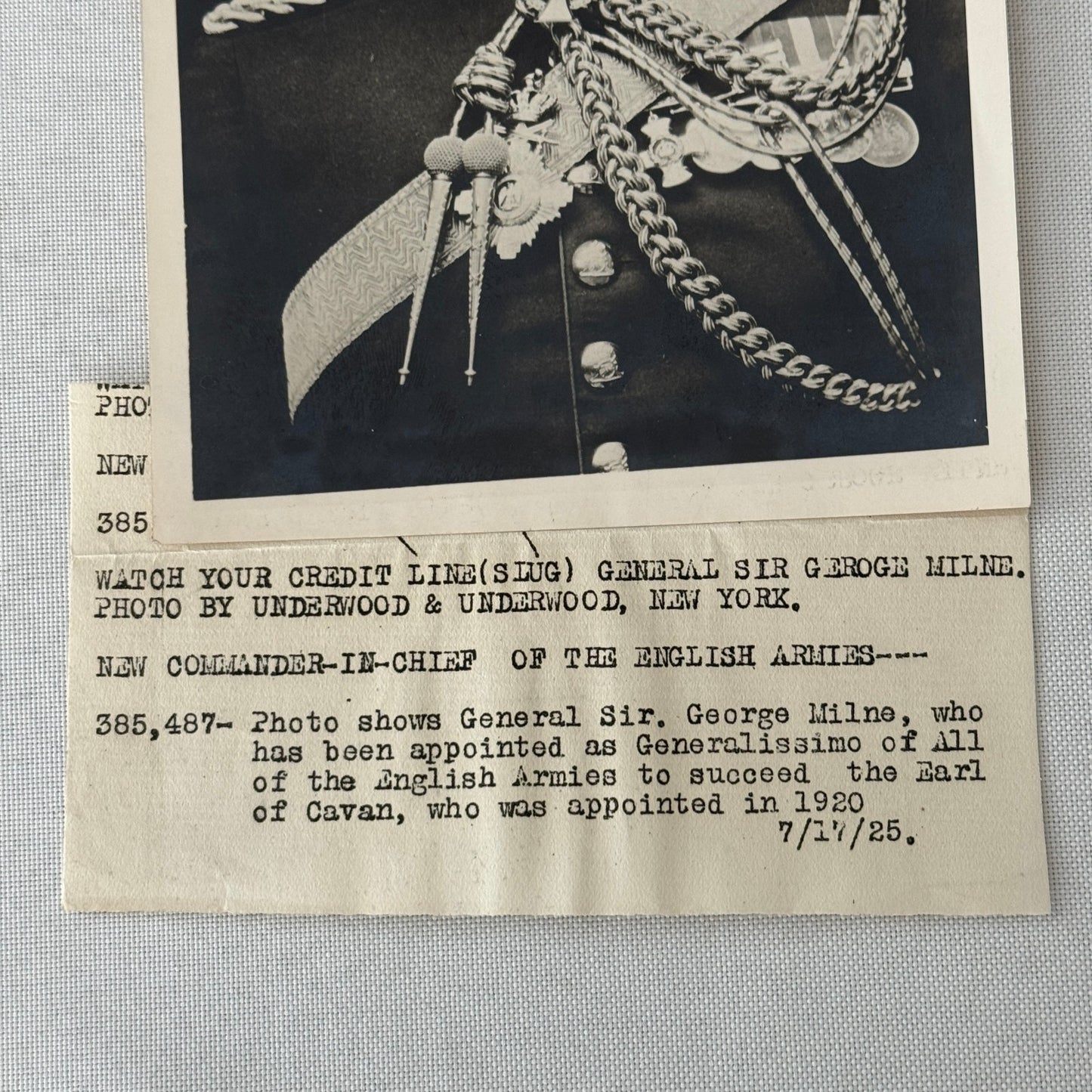 Vintage Press Photo Photograph Portrait General Sir George Milne 1925 British