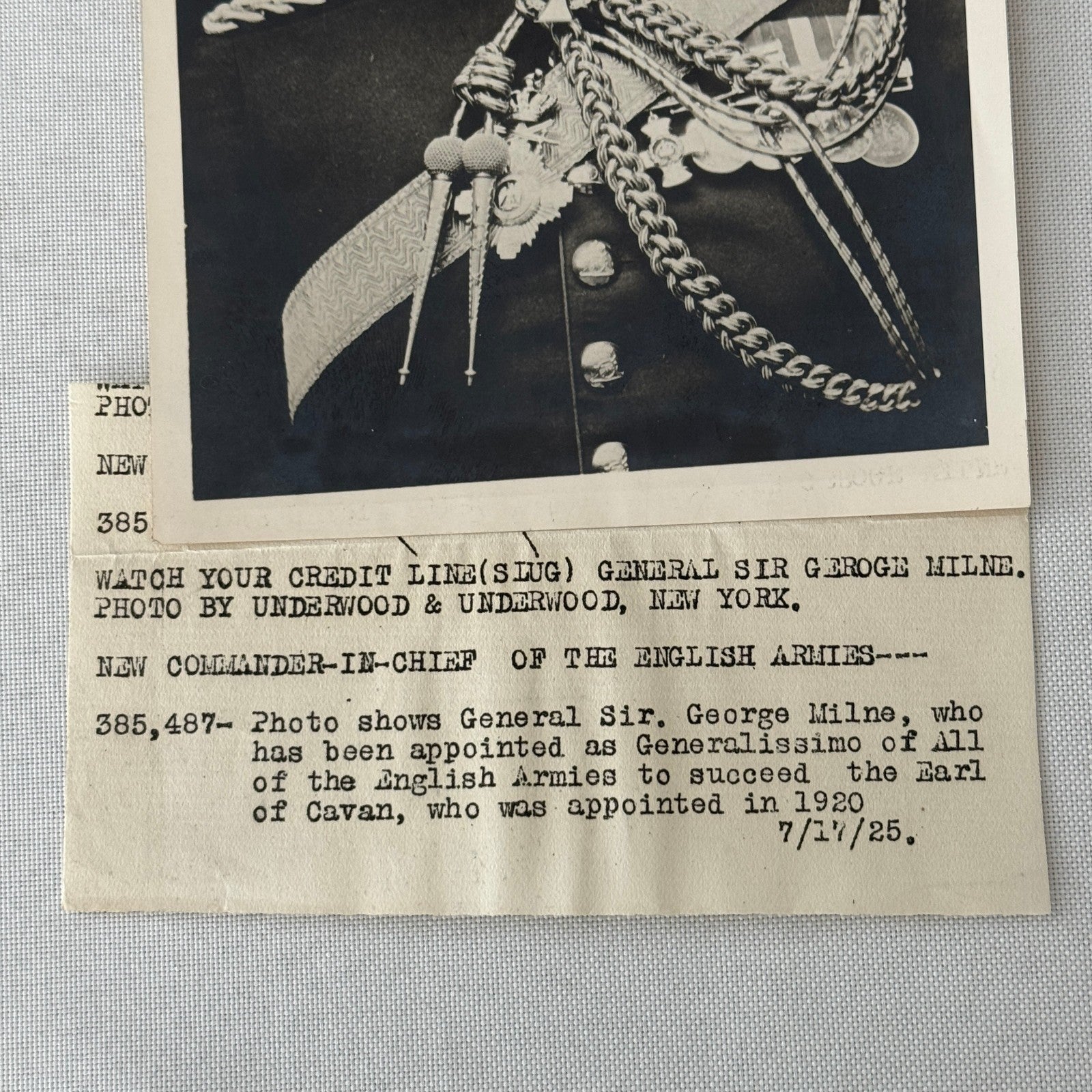 Vintage Press Photo Photograph Portrait General Sir George Milne 1925 British