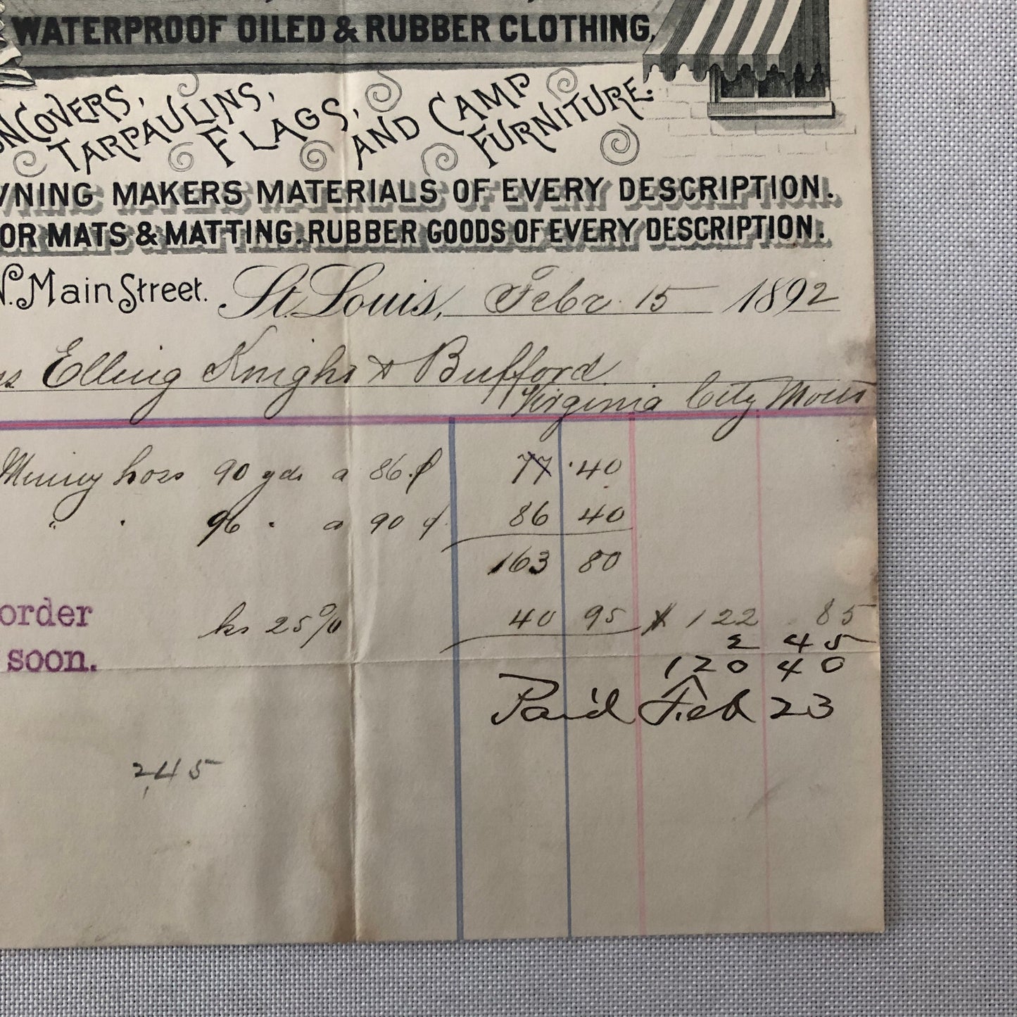 1892 Zittlosen Tent and Awning Company Advertisign Billhead Letterhead Document