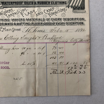 1892 Zittlosen Tent and Awning Company Advertisign Billhead Letterhead Document