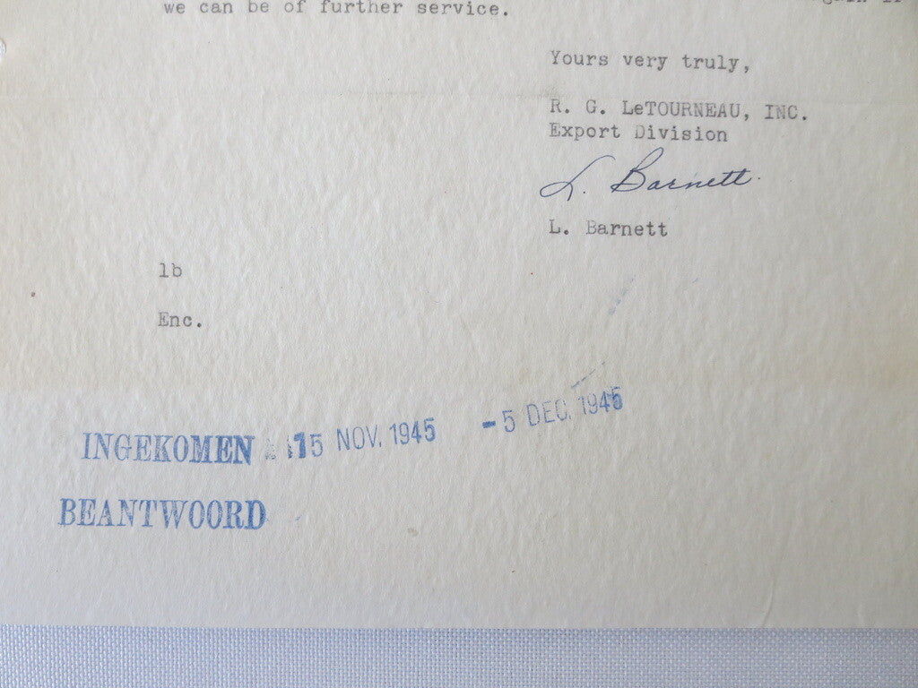 1945 RG Letourneau Inc Heavy Grading Equipment Letter Letterhead Document 