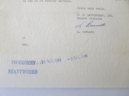 1945 RG Letourneau Inc Heavy Grading Equipment Letter Letterhead Document 