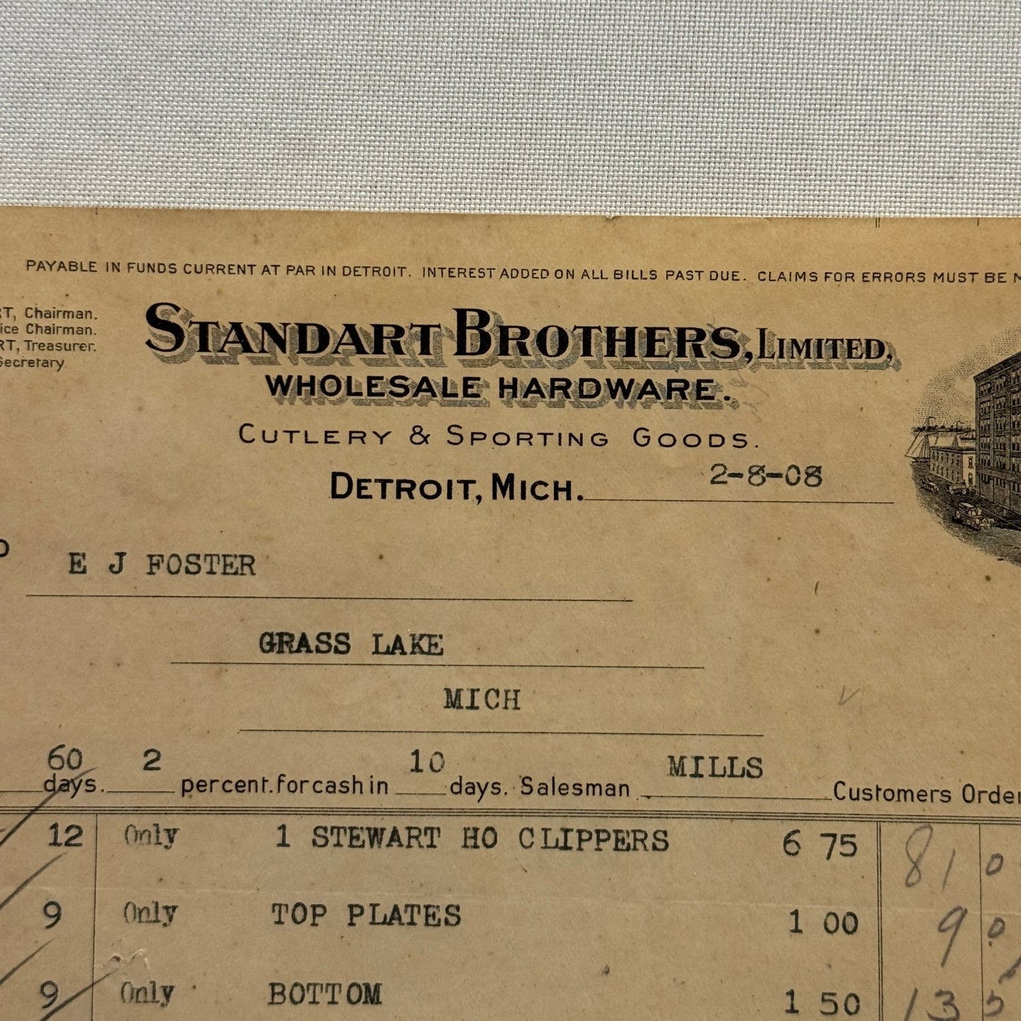 1908 Detroit Michigan Document Invoice Standart Brothers Limited Hardware