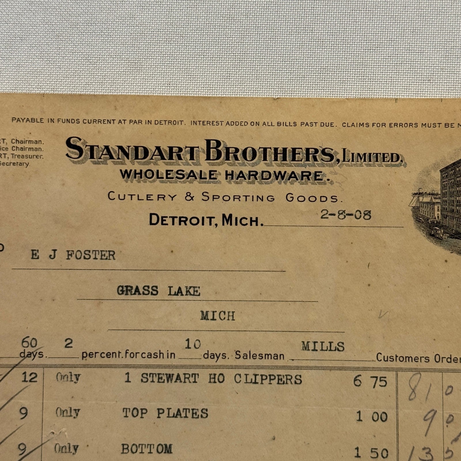 1908 Detroit Michigan Document Invoice Standart Brothers Limited Hardware