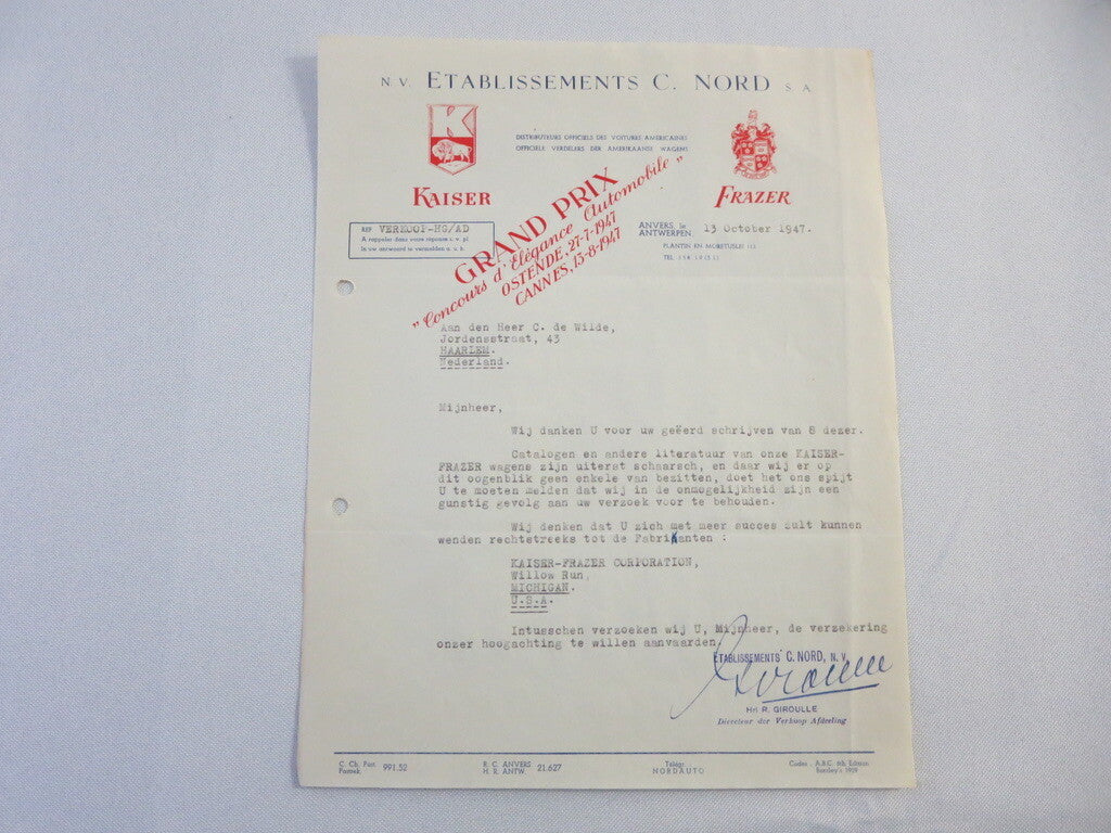 1947 Kaiser Frazer Belgian Distributor Dealer Letter Letterhead Document 