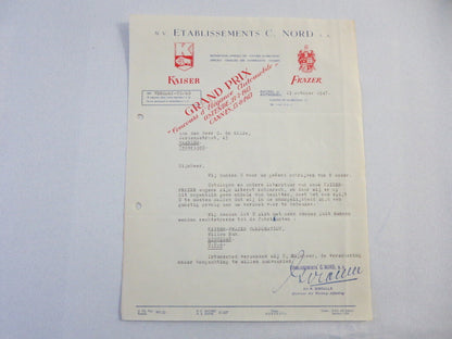 1947 Kaiser Frazer Belgian Distributor Dealer Letter Letterhead Document 