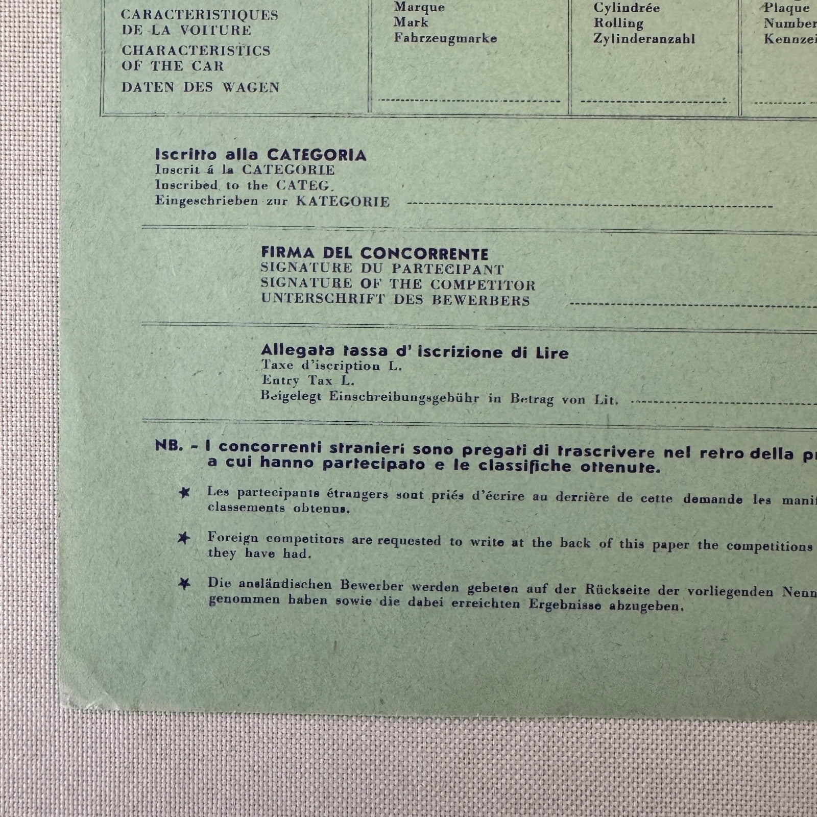 1961 Targa Florio Racing Race Application Form Document Vintage