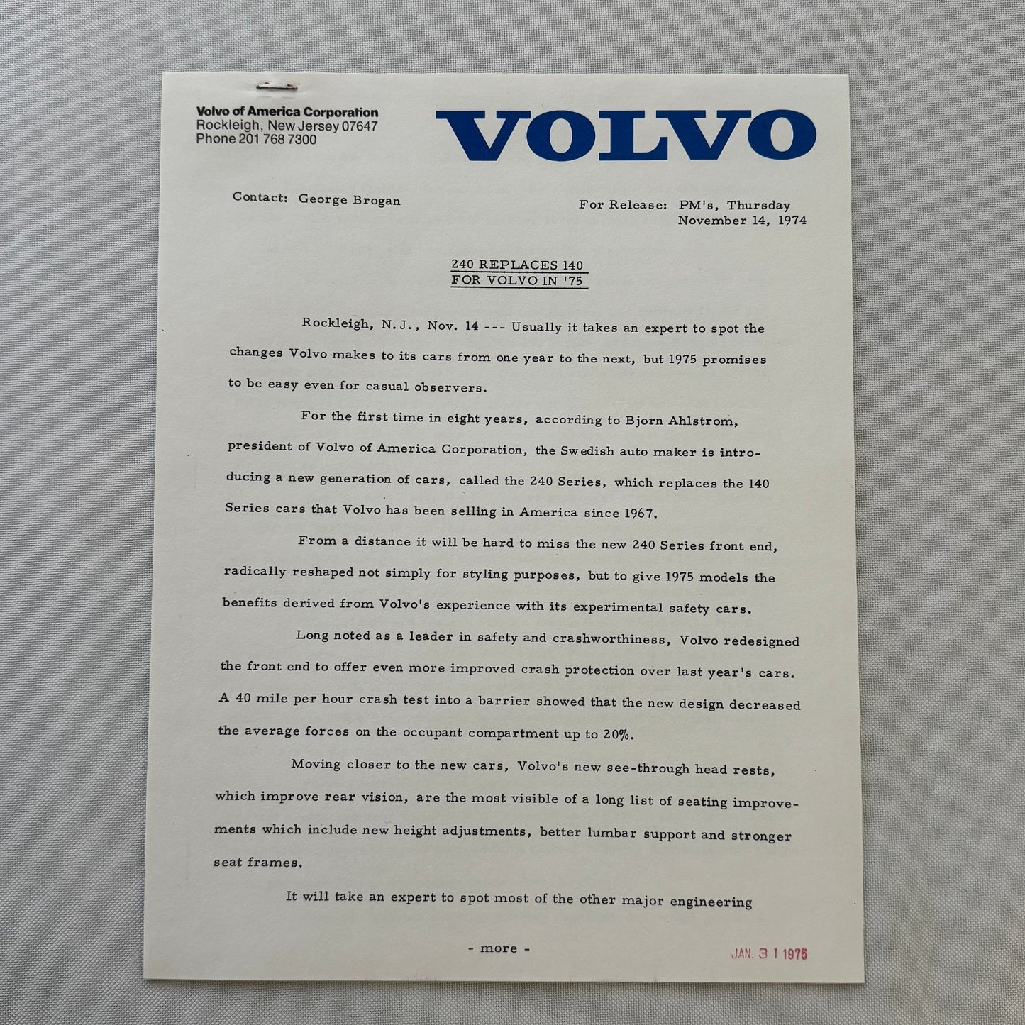 1975 Volvo Press Kit Brochure w/ Photos 164 240 Series Sedan Station Wagon 