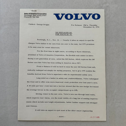1975 Volvo Press Kit Brochure w/ Photos 164 240 Series Sedan Station Wagon 