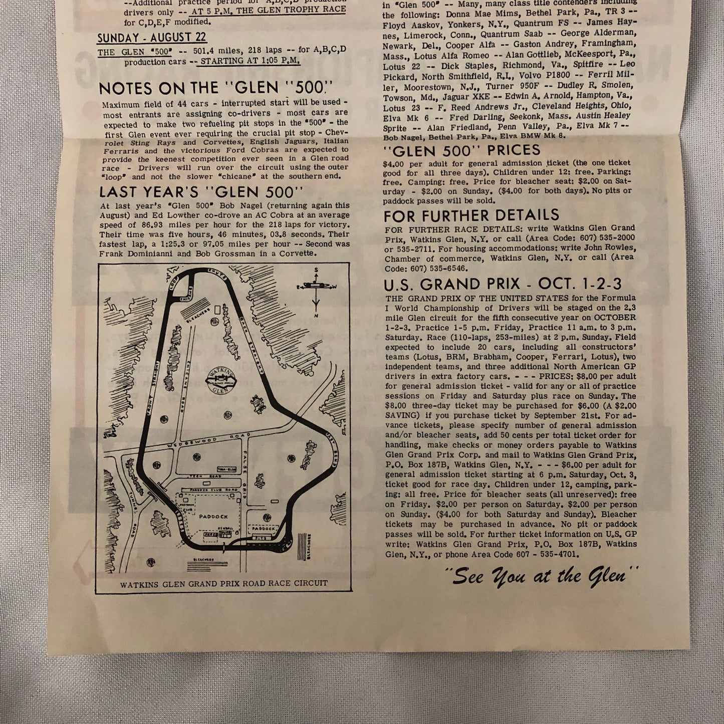 Vintage Watkins Glen Sports Car Road Race Poster Cobra Ferrari 250 SCCA