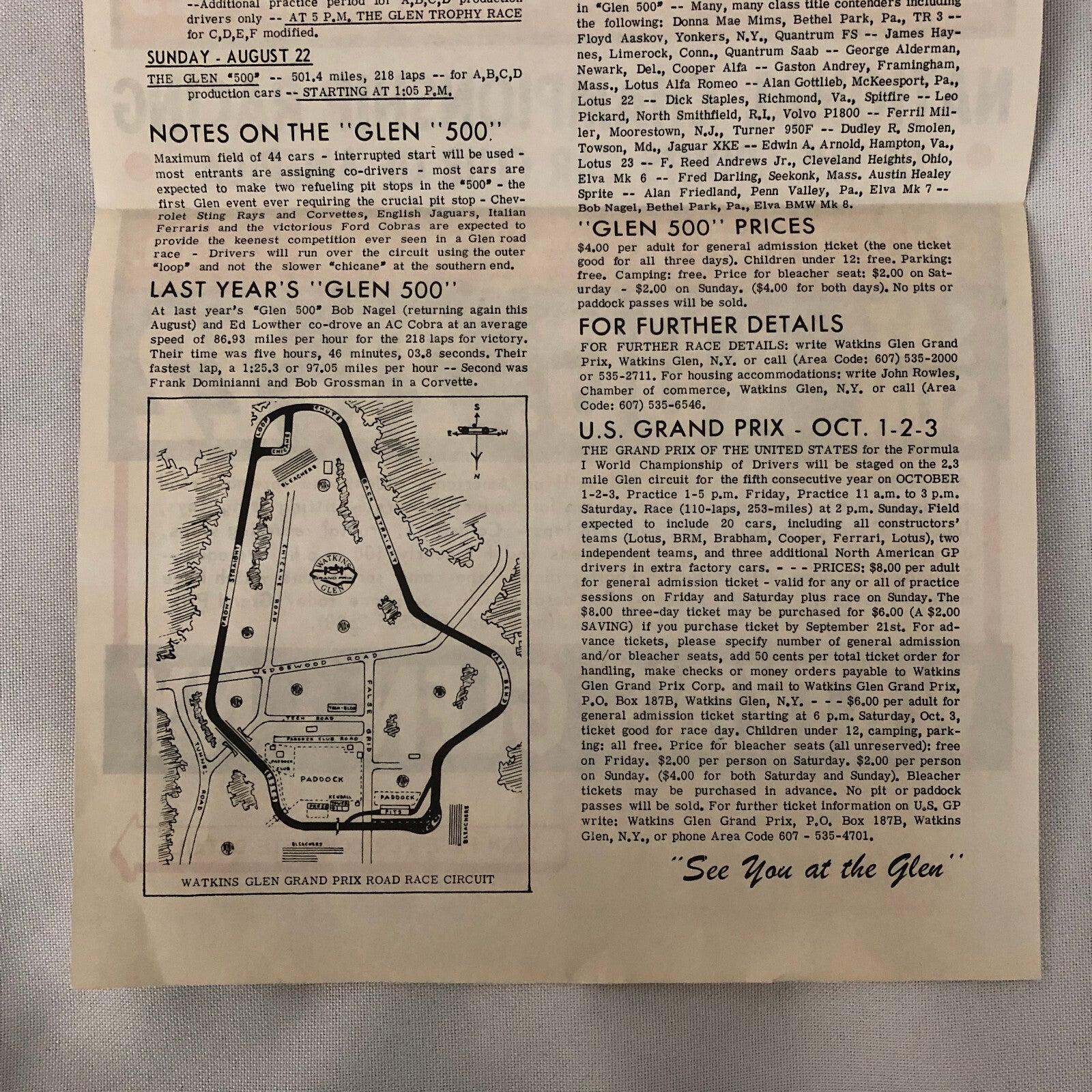 Vintage Watkins Glen Sports Car Road Race Poster Cobra Ferrari 250 SCCA