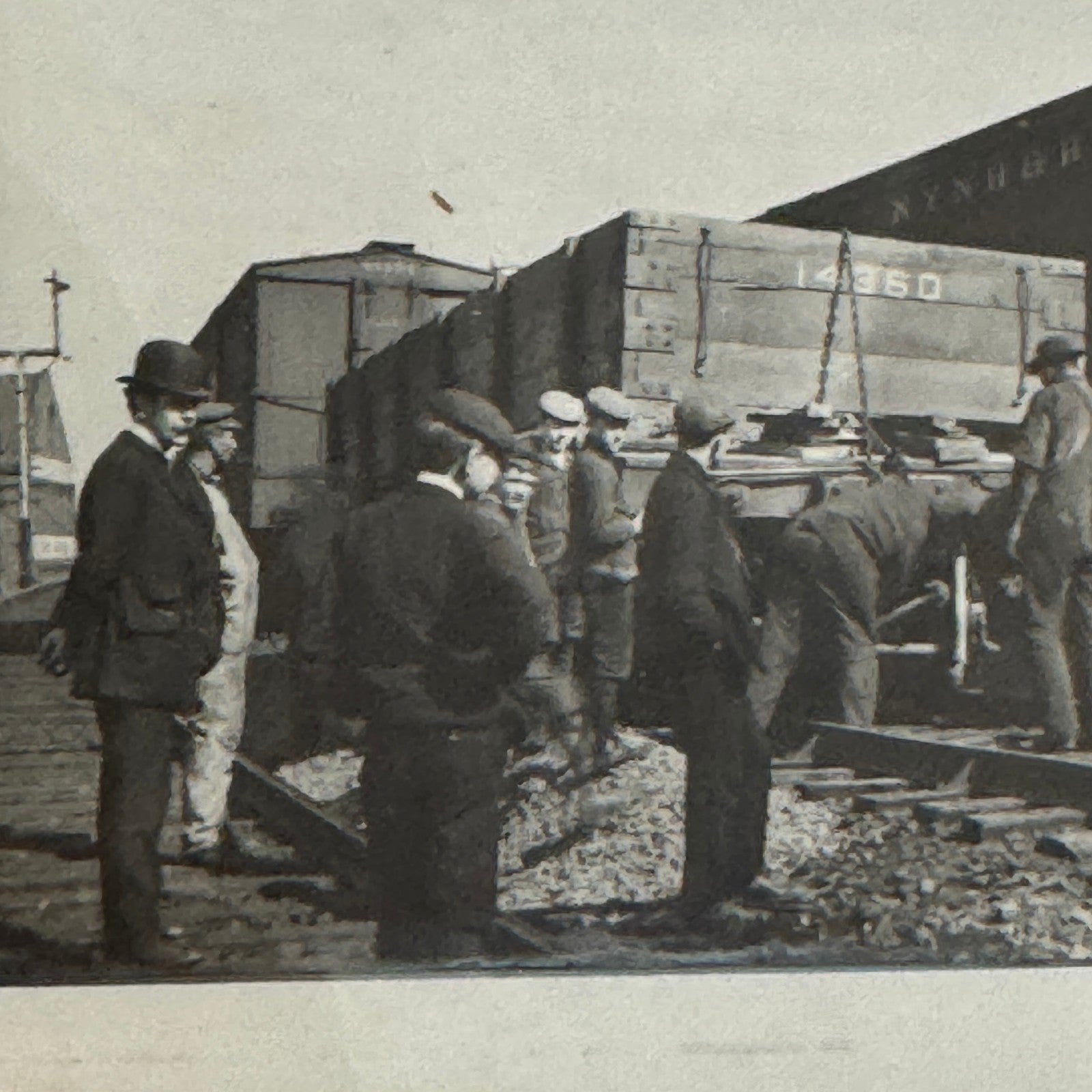 Antique Glass Plate Lantern Slide Photo Men with Train Railroad Railway