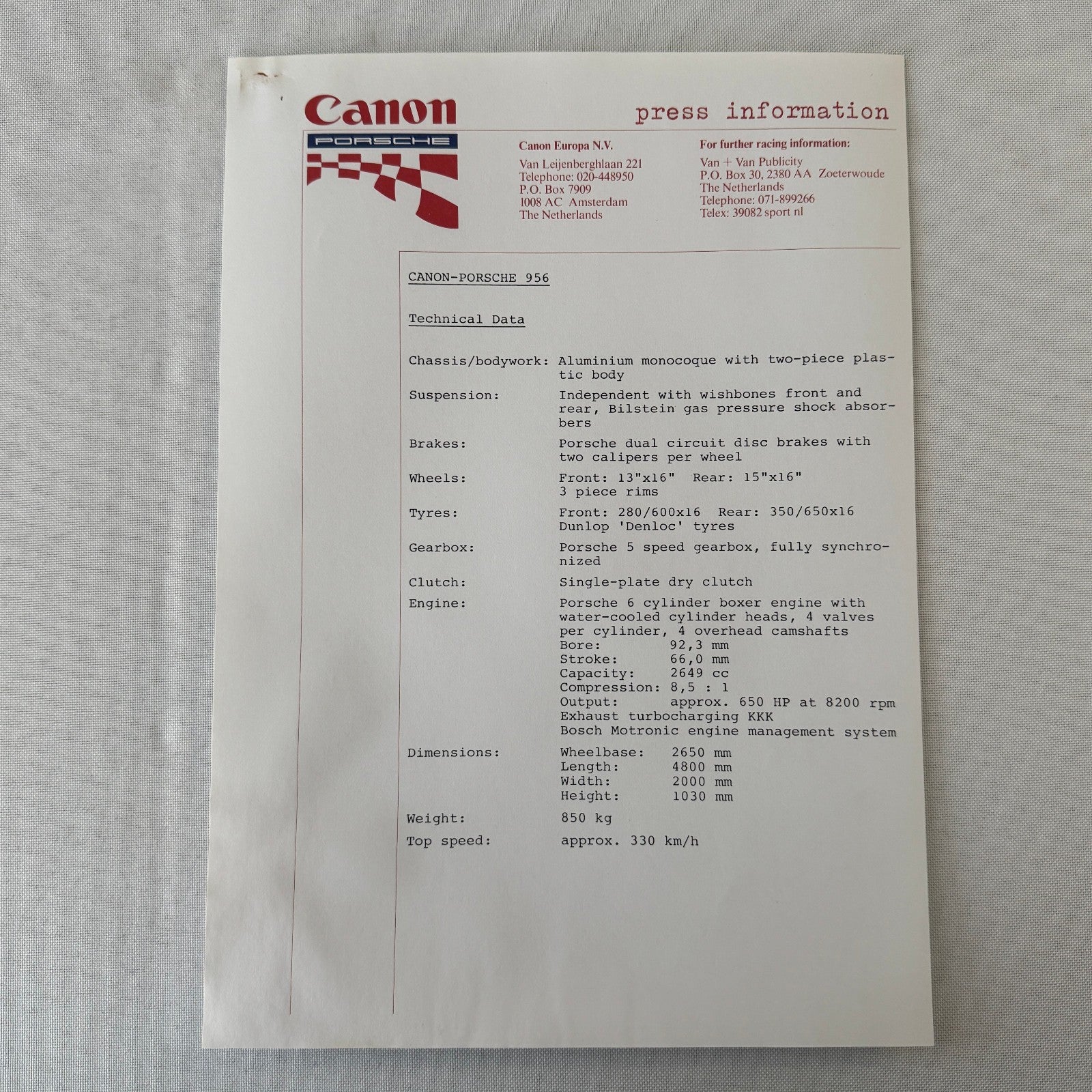 1984 Canon Porsche Racing Press Kit Photos Jan Lammers Jonathan Palmer