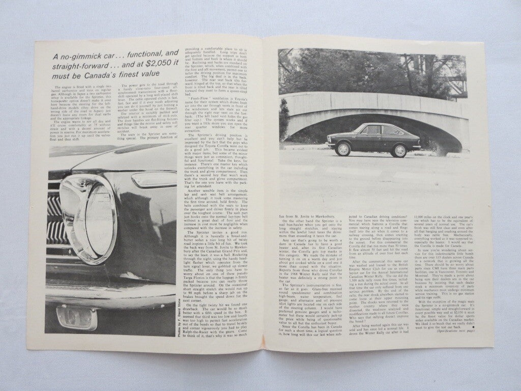 1968 1969 Toyota Corolla Sprinter Sales Brochure Road Test Catalog 