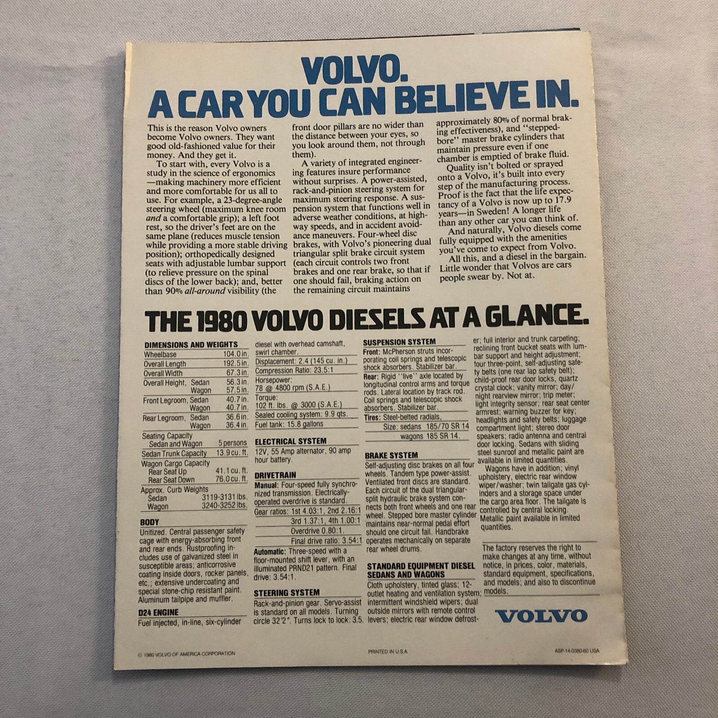 1980 Volvo Diesel Car Automobile Sales Brochure Catalog Sedan Station Wagon