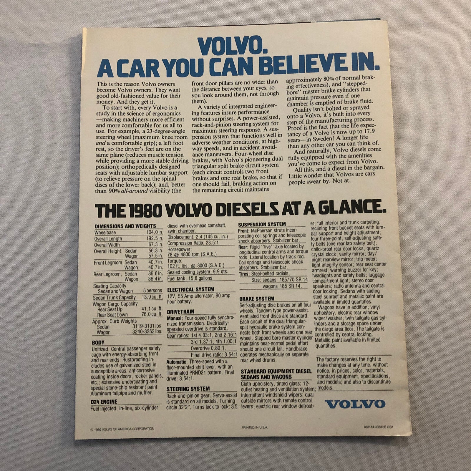 1980 Volvo Diesel Car Automobile Sales Brochure Catalog Sedan Station Wagon