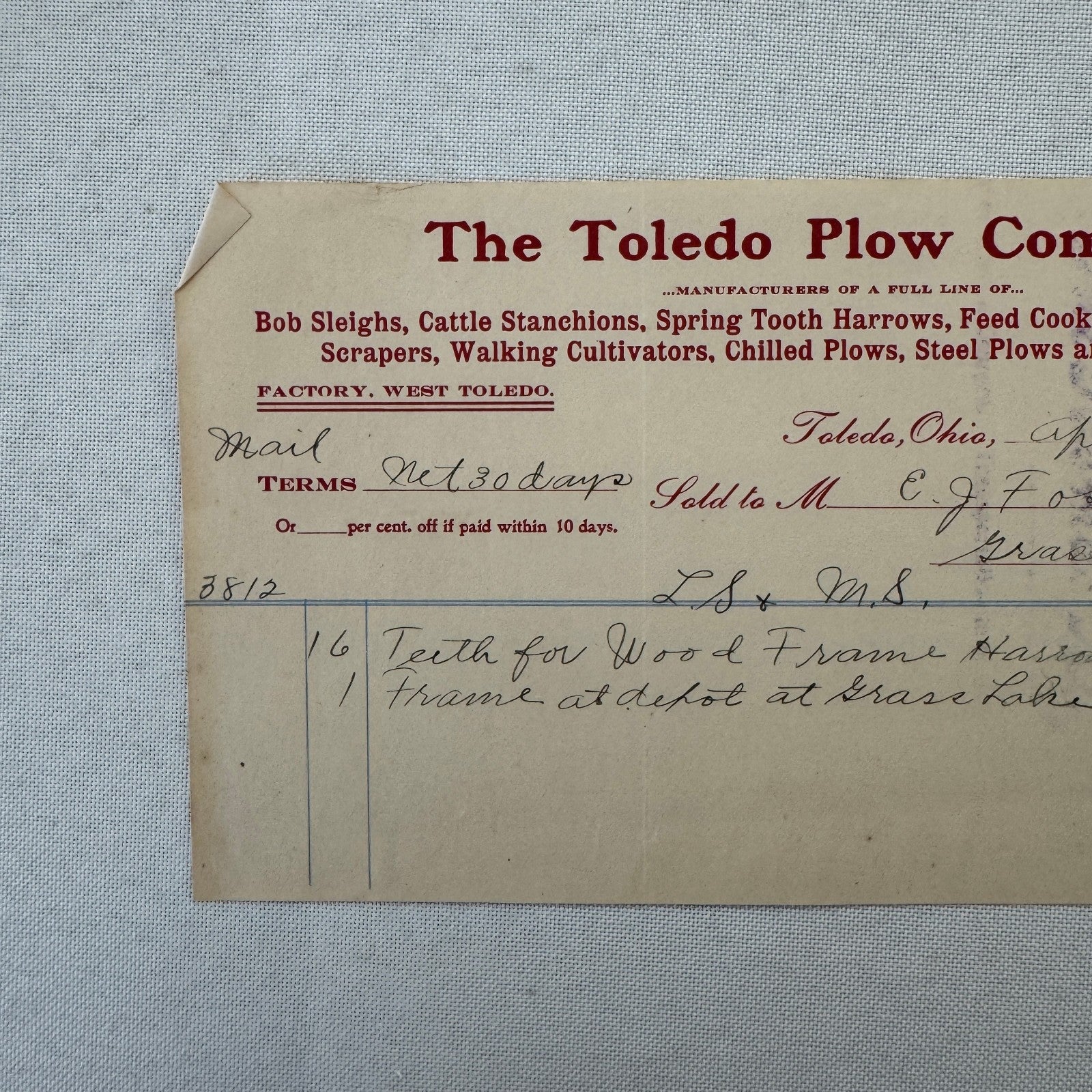 The Toledo Plow Company Invoice Receipt Document Lot 2x 1906 1908 Antique