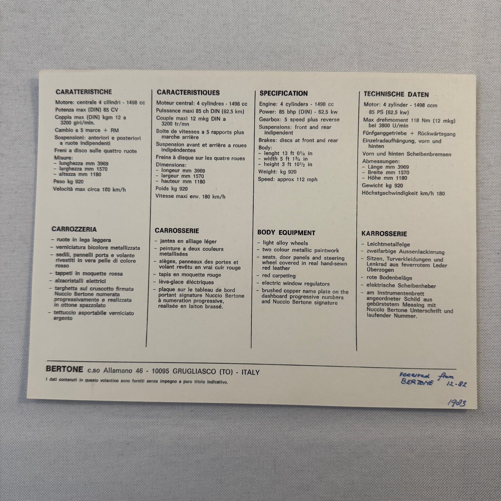 Bertone Fiat X1/9 Car Sales Sheet Brochure Advertising Fiat X19