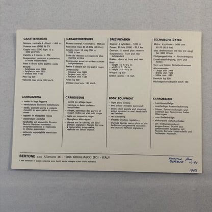 Bertone Fiat X1/9 Car Sales Sheet Brochure Advertising Fiat X19