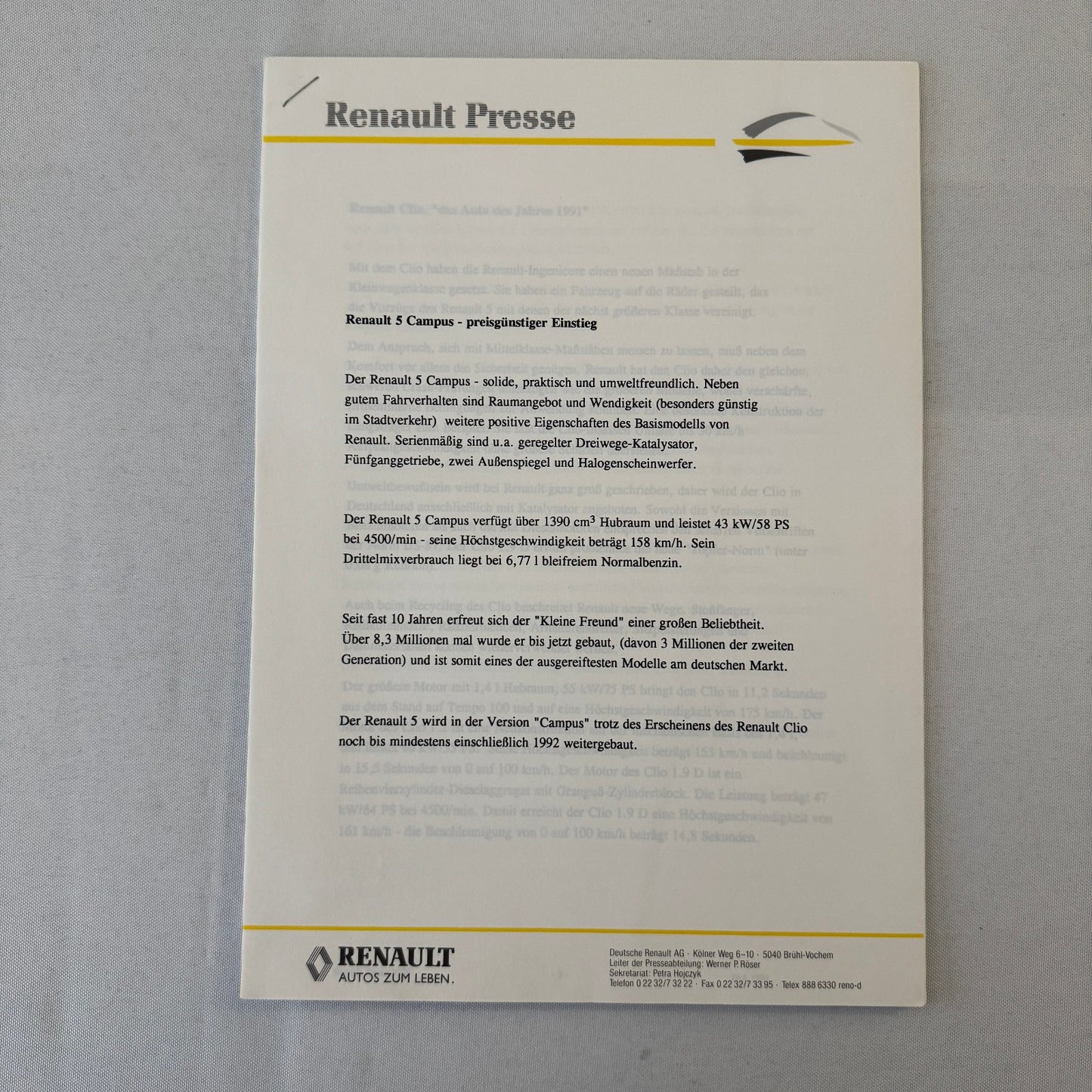 1992 Renault Press Kit Renault Alpine A610 Clio Espace Rapid 5 19 25 GERMAN