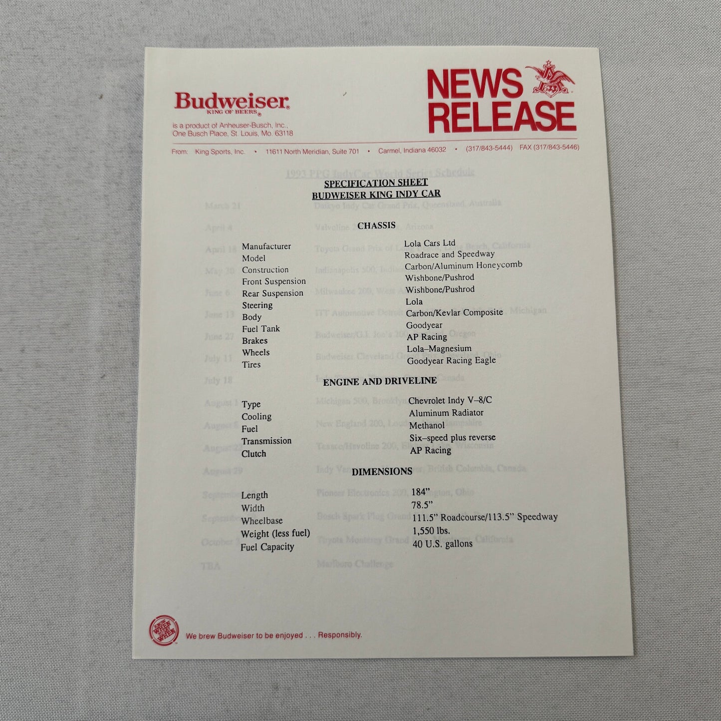 1993 Budweiser King Indy Car Racing Press Kit Roberto Guerrero