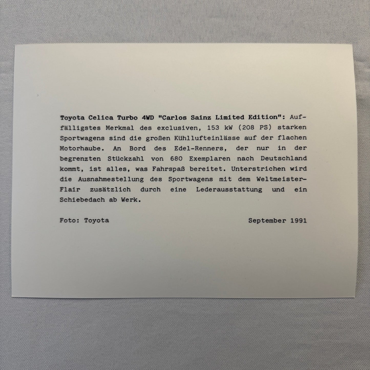 1991 Toyota Celica Carlos Sainz Limited Edition Factory Press Photo Photograph