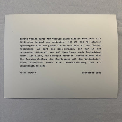 1991 Toyota Celica Carlos Sainz Limited Edition Factory Press Photo Photograph