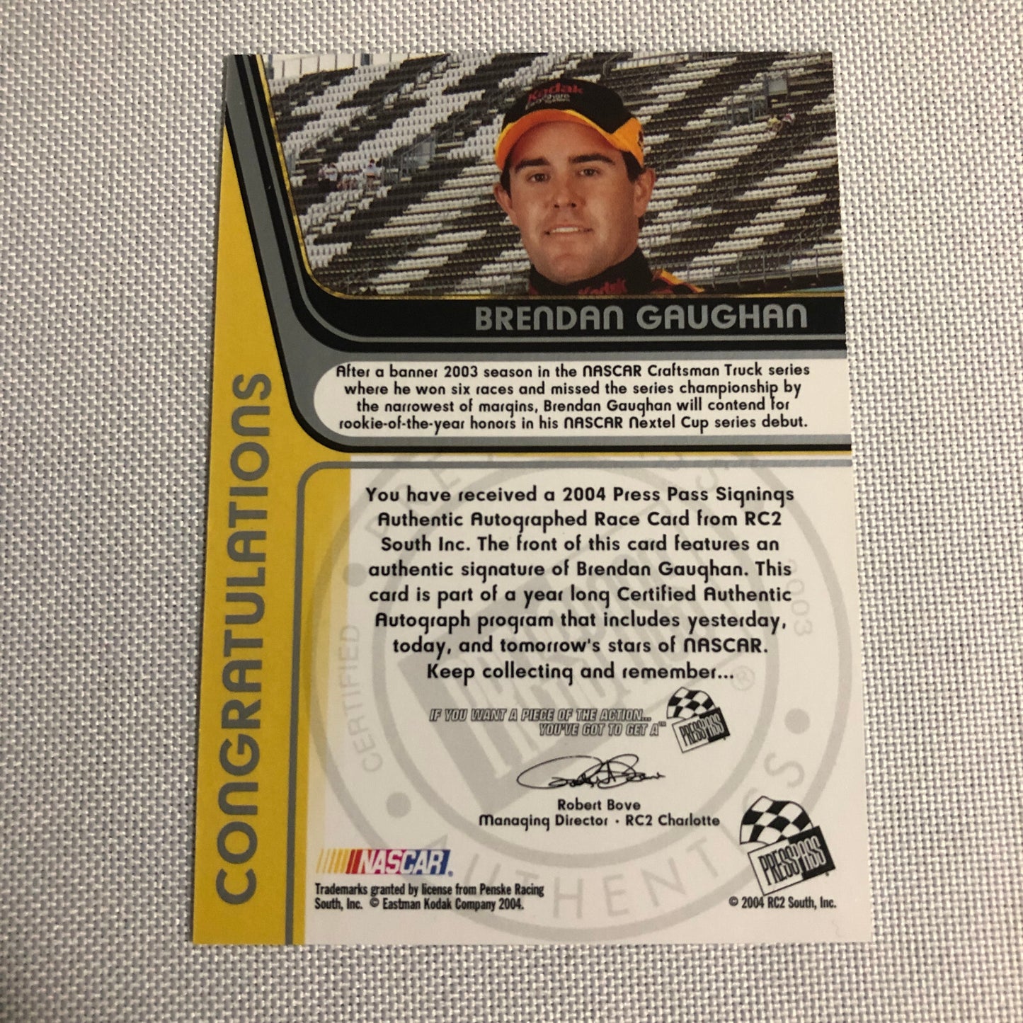 2004 Press Pass Signings Brendan Gaughan Autograph Auto Signed Card NASCAR