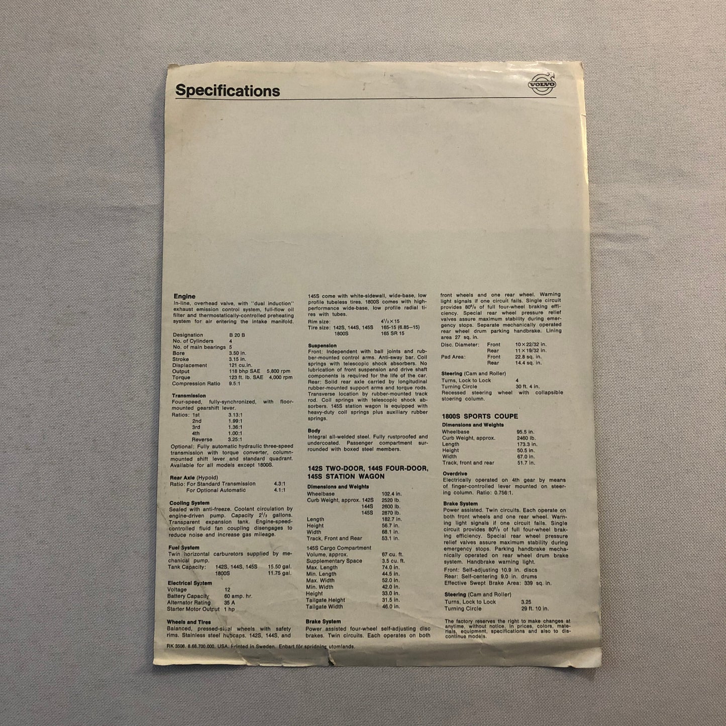 Vintage Volvo Sales Sheet Brochure Catalog 1800S 1800 S 145 Station Wagon 142 +