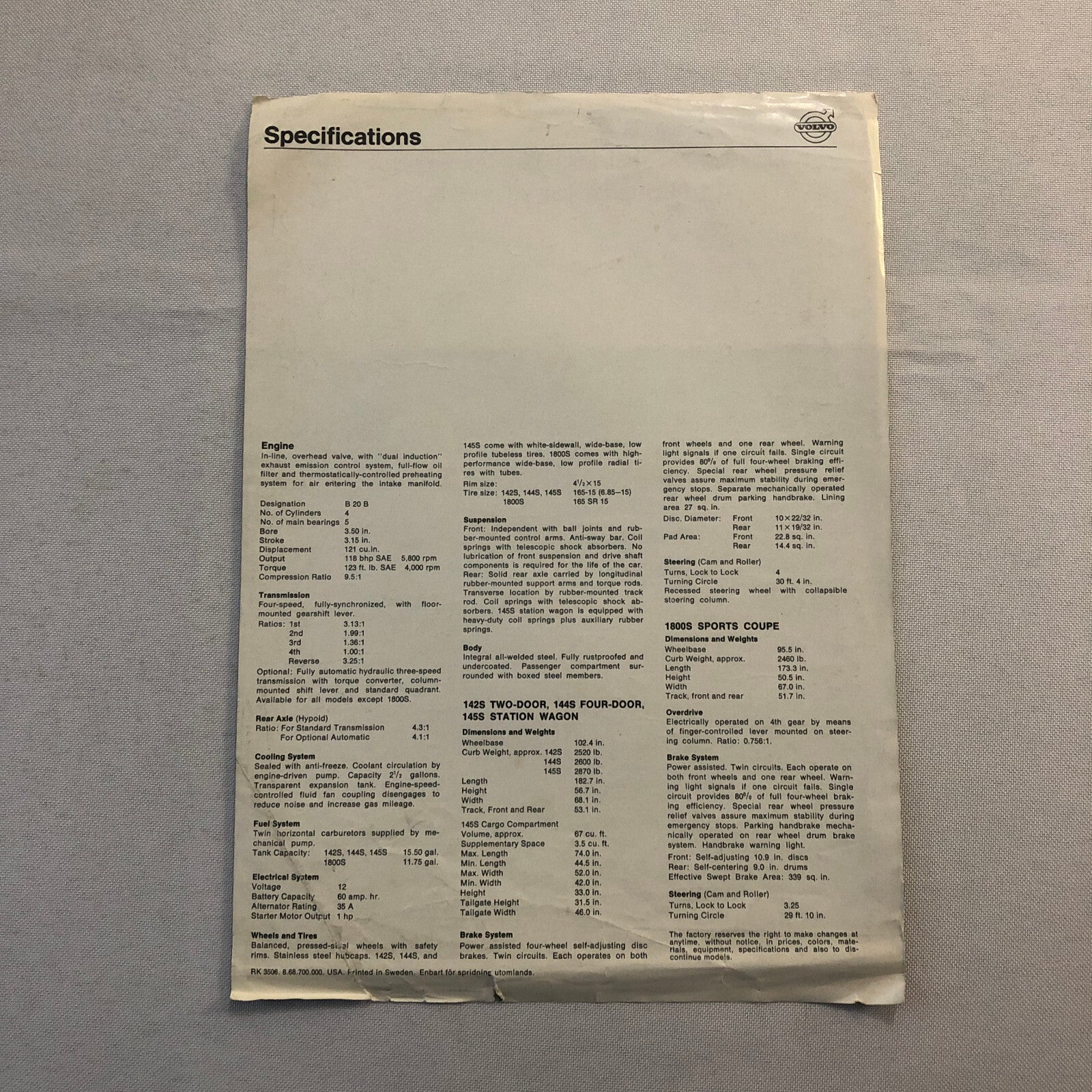 Vintage Volvo Sales Sheet Brochure Catalog 1800S 1800 S 145 Station Wagon 142 +