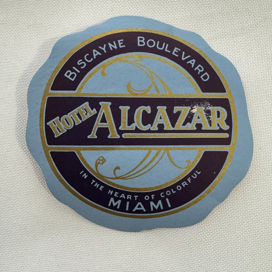 Vintage Travel Luggage Label Hotel Alcazar Miami Florida FL
