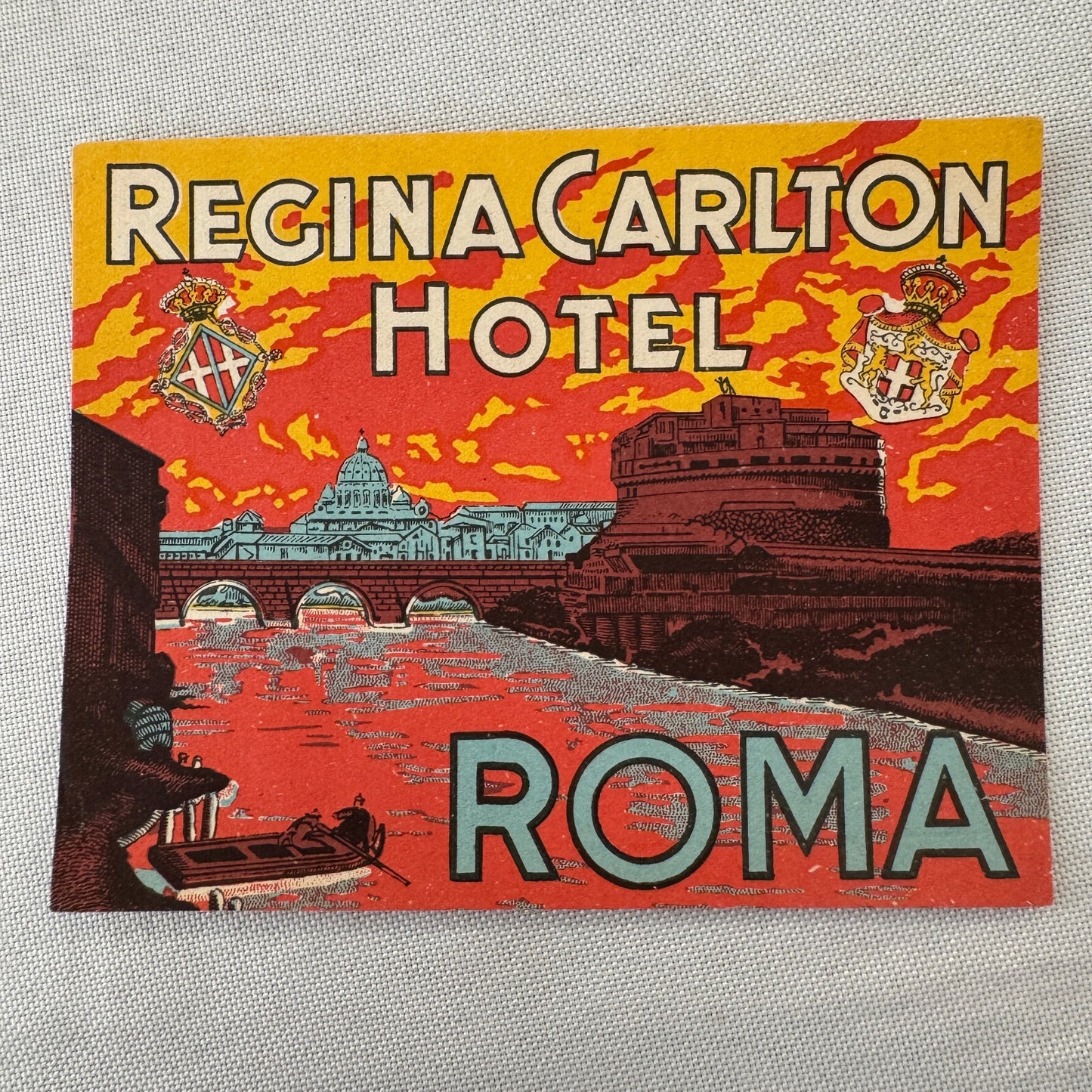 Vintage Hotel Travel Luggage Label Regina Carlton Hotel Roma Rome Italy Italian