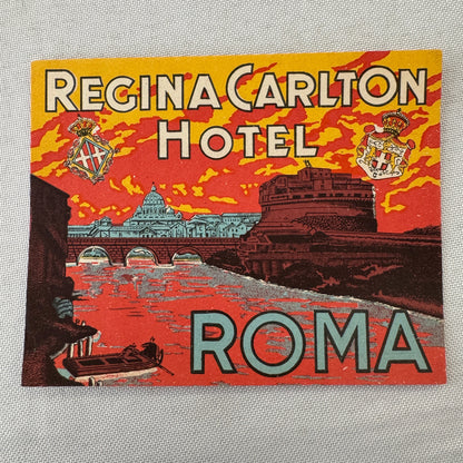 Vintage Hotel Travel Luggage Label Regina Carlton Hotel Roma Rome Italy Italian