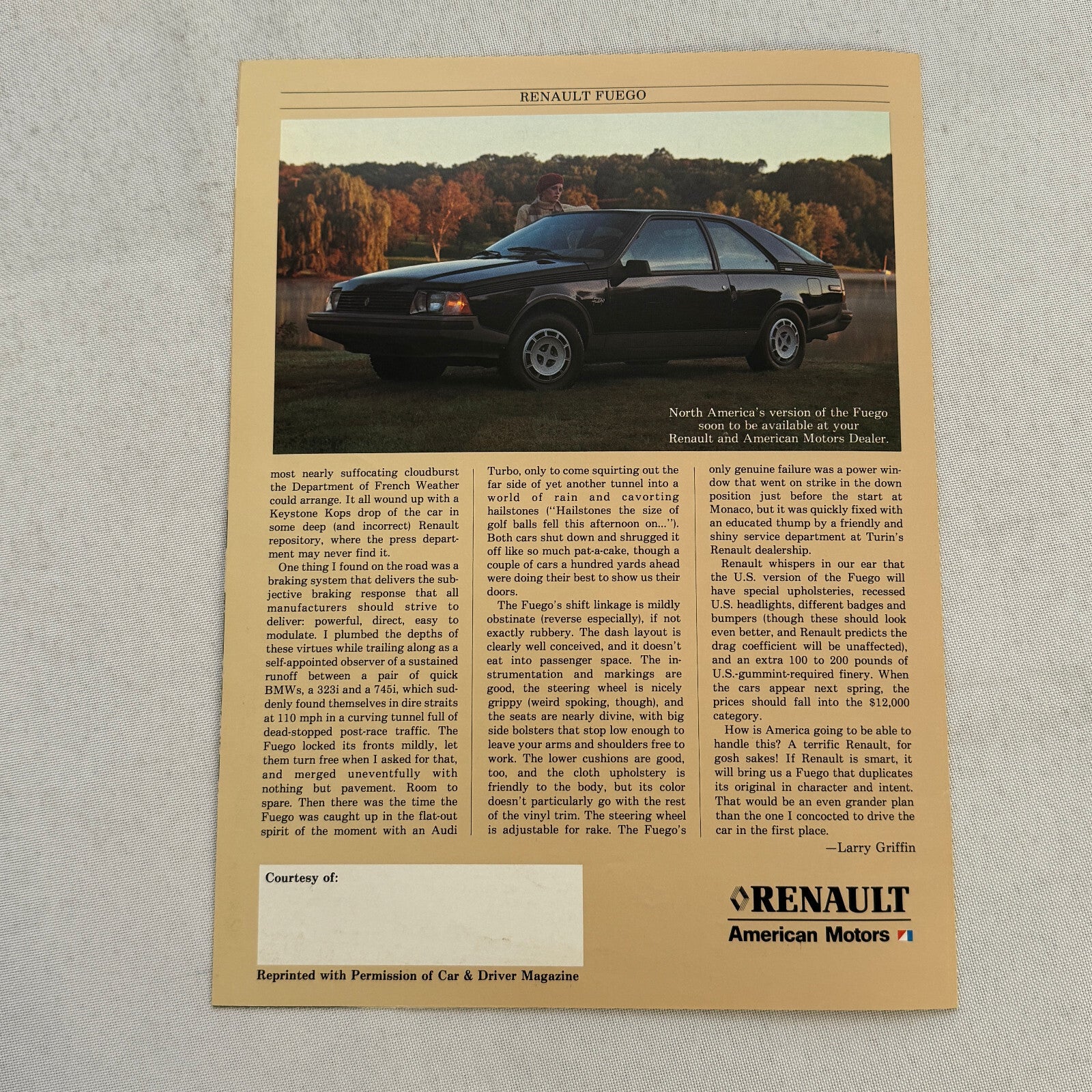Renault Fuego Car Sales Brochure Catalog Vintage Advertising Car and Driver
