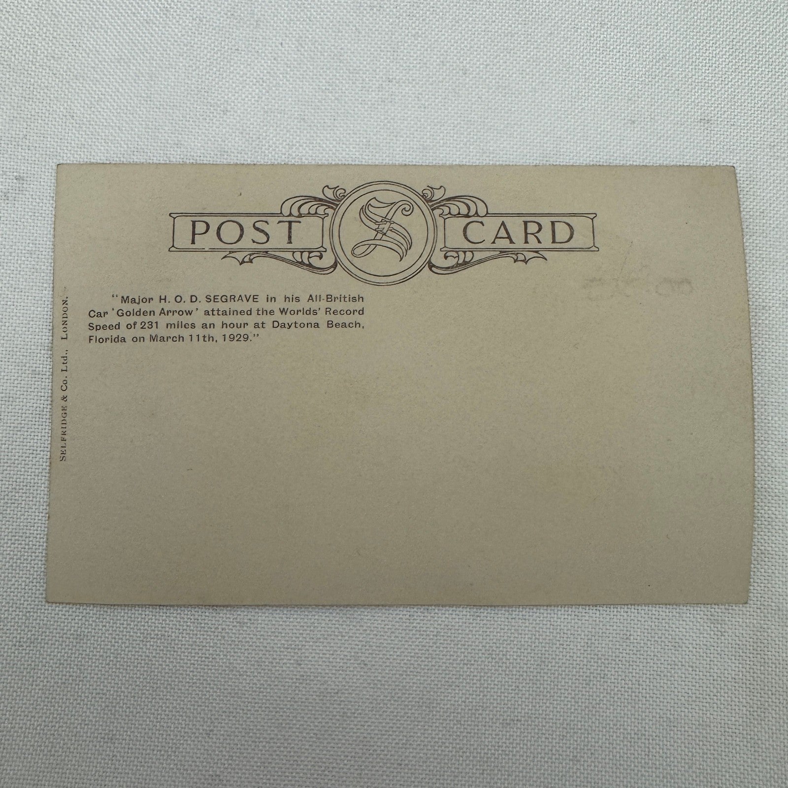 Vintage Land Speed Postcard Major Seagrave Golden Arrow Irving Napier Special