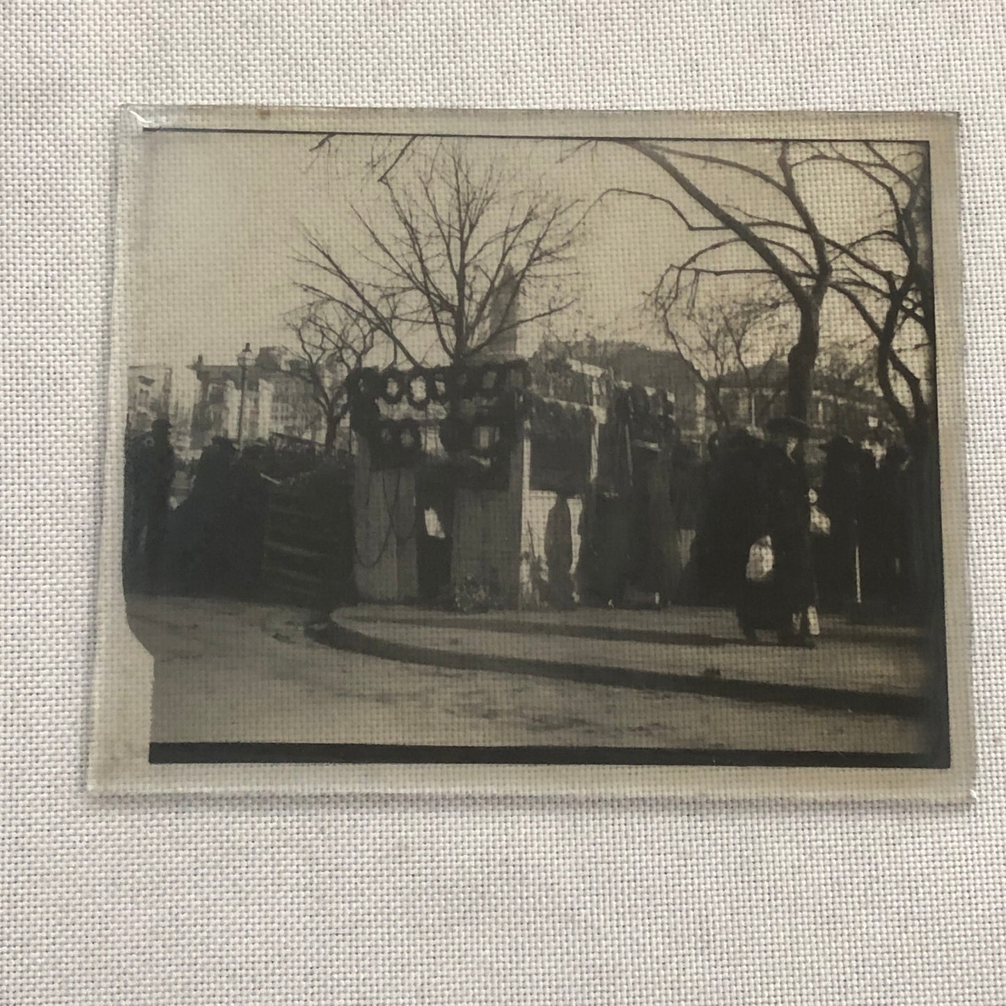 Antique Glass Plate Lantern Slide Photo People in Market with Plants Wreath